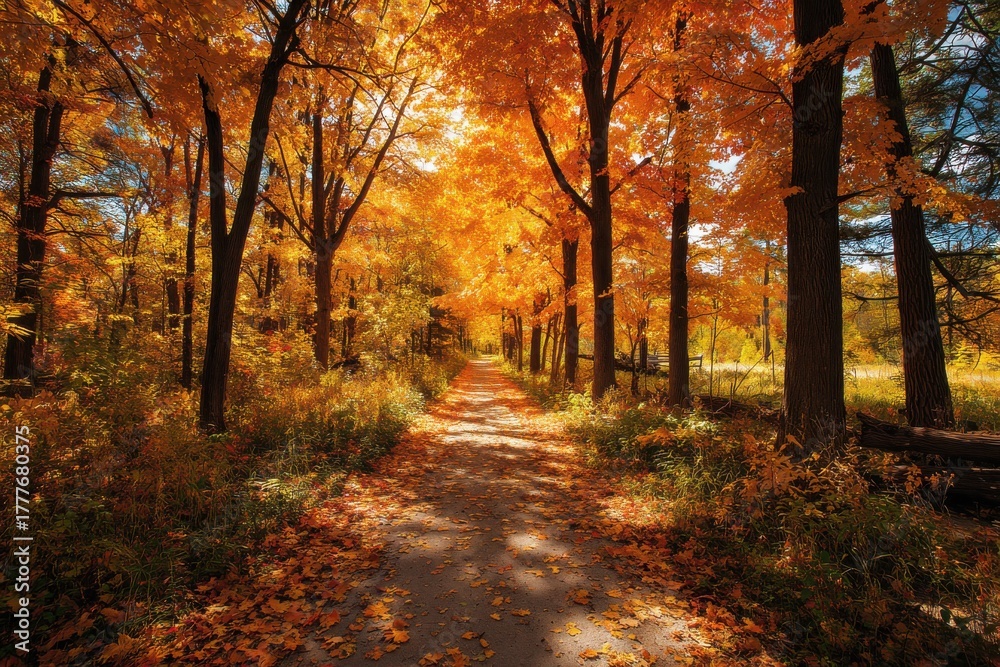 Obraz premium Autumn landscape with vibrant golden leaves, narrow pathway through a serene forest, warm sunlight creating a peaceful atmosphere, fallen leaves carpet enhancing nature's beauty