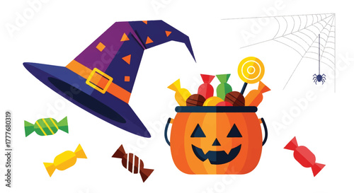 Vibrant Halloween scene with a purple witch hat, a pumpkin candy bucket, and a hanging spider web!!!