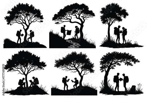 Six black silhouettes of hikers with backpacks under trees
