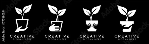 Set of giving plants logo design templates. Modern isolated hand care with plants design for eco-friendly, care and nature.