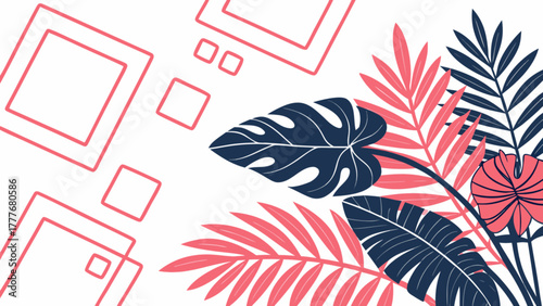 A vibrant arrangement of tropical leaves and geometric shapes creates a modern and eyecatching design for various applications