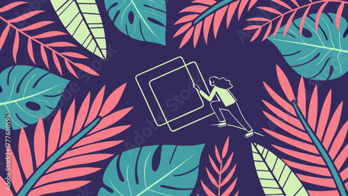 A woman pushes a cube through a jungle of tropical leaves, symbolizing overcoming obstacles and achieving goals in a vibrant, exotic setting