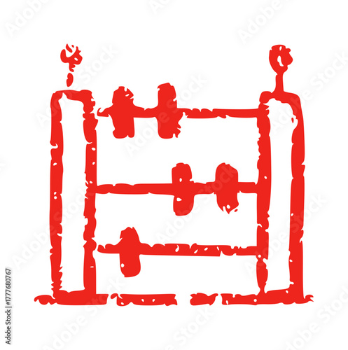 Crayon style doodle drawing of a single red abacus with beads on three rows, symbolizing calculation and mathematics. Educational element perfect for school, finance, or children's learning designs.