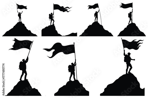 Silhouettes of hikers with flags on mountain peaks