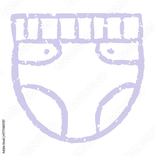 Crayon style doodle drawing of a single lavender baby diaper or nappy in a simple, cute childcare and infant theme. Element perfect for baby shower invitations, nursery decor, or maternal designs.