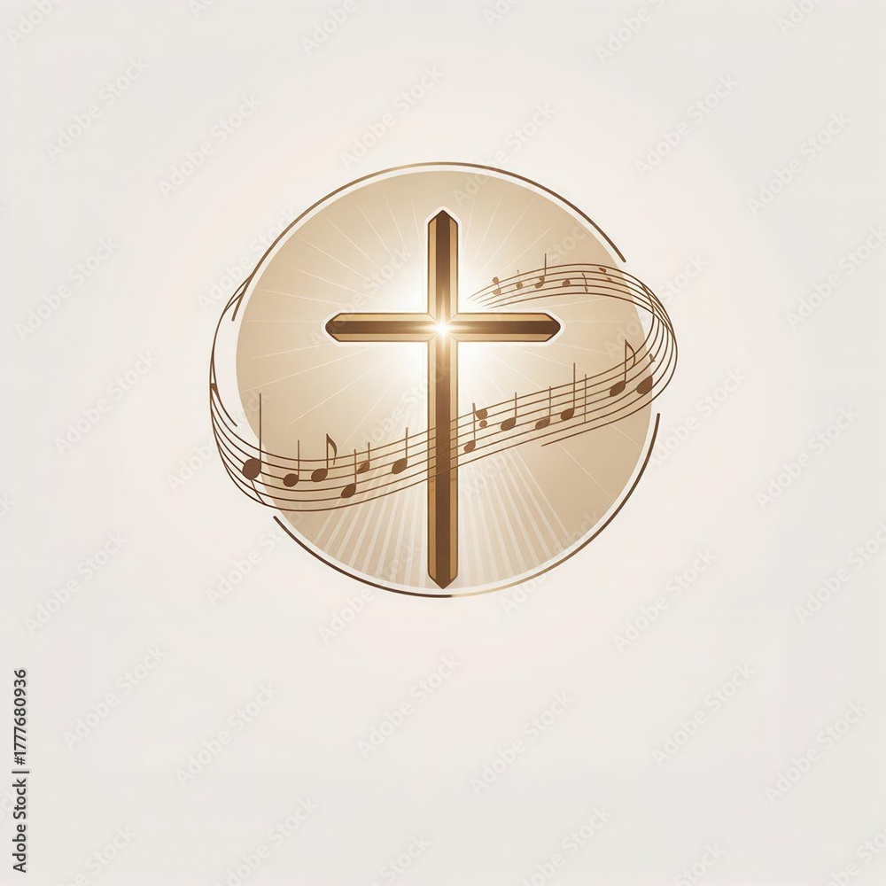 Fototapeta premium Golden Christian Cross with Musical Notes – Worship and Praise Concept