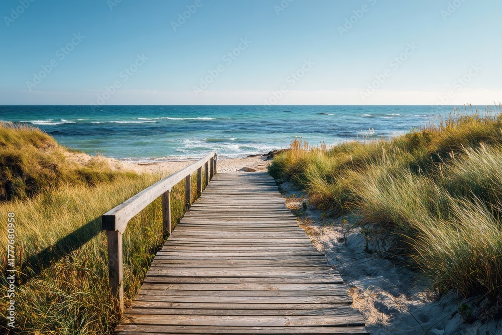 Obraz premium Wooden pathway leading to serene beach with ocean waves and clear blue sky, surrounded by lush green grass and shrubs, perfect for promoting relaxation and nature-themed travel