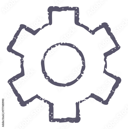Crayon style doodle drawing of a single gray cogwheel or gear symbol in a simple, technical, and settings theme. Mechanical element perfect for engineering, business, or interface design.