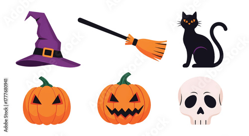 Six Halloween icons a purple witch hat, a broom, a black cat, two pumpkins, and a skull. and spooky!