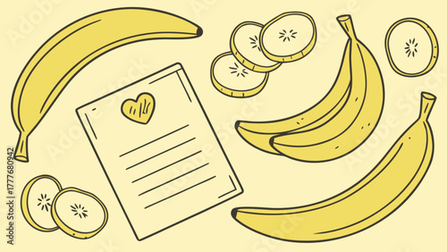 A delightful arrangement of bananas, sliced bananas, and a note with a heart, creating a cheerful and inviting composition for various creative projects
