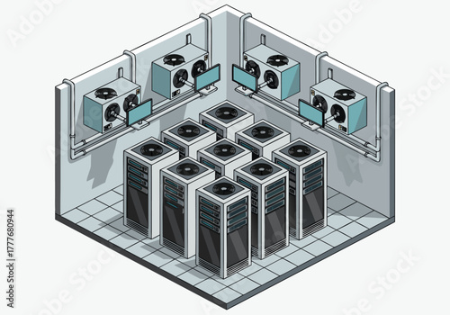 Isometric illustration of a modern data center server room, featuring rows of powerful computer servers and cooling units, emphasizing network infrastructure and information technology