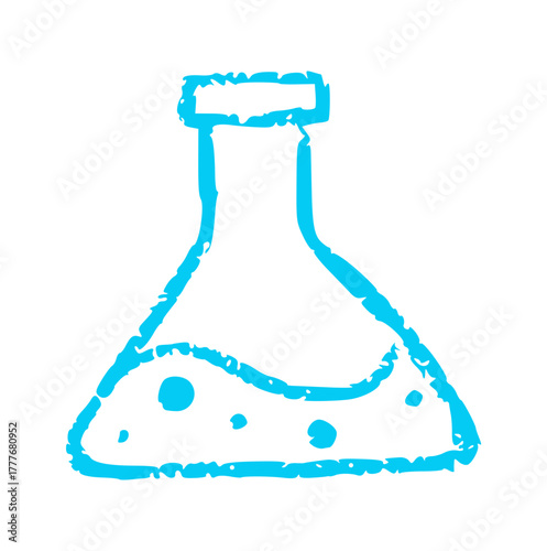 Fotografija Crayon style doodle drawing of a single blue Erlenmeyer flask with liquid and bubbles in a science experiment theme