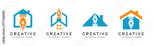 Set of house pencil logo design templates. Modern isolated house with pencil design for architects, tutoring, and education.