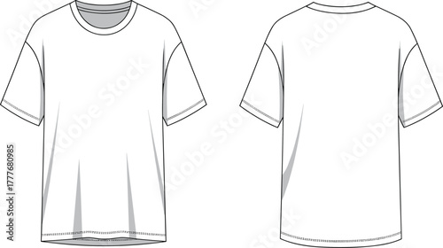 Basic short sleeve t-shirt flat sketch, front and back view, crew neck, fashion design template, apparel vector, garment illustration