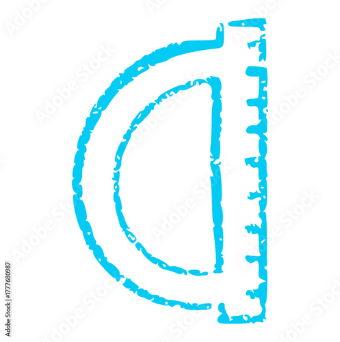 Crayon style doodle drawing of a single blue protractor with measurement marks in a school and geometry theme. Learning element perfect for math, education, or children's graphic design.