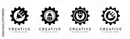 Set of gear pencil logo design templates. Modern isolated gear with pencil design for mechanics, technology, and education.