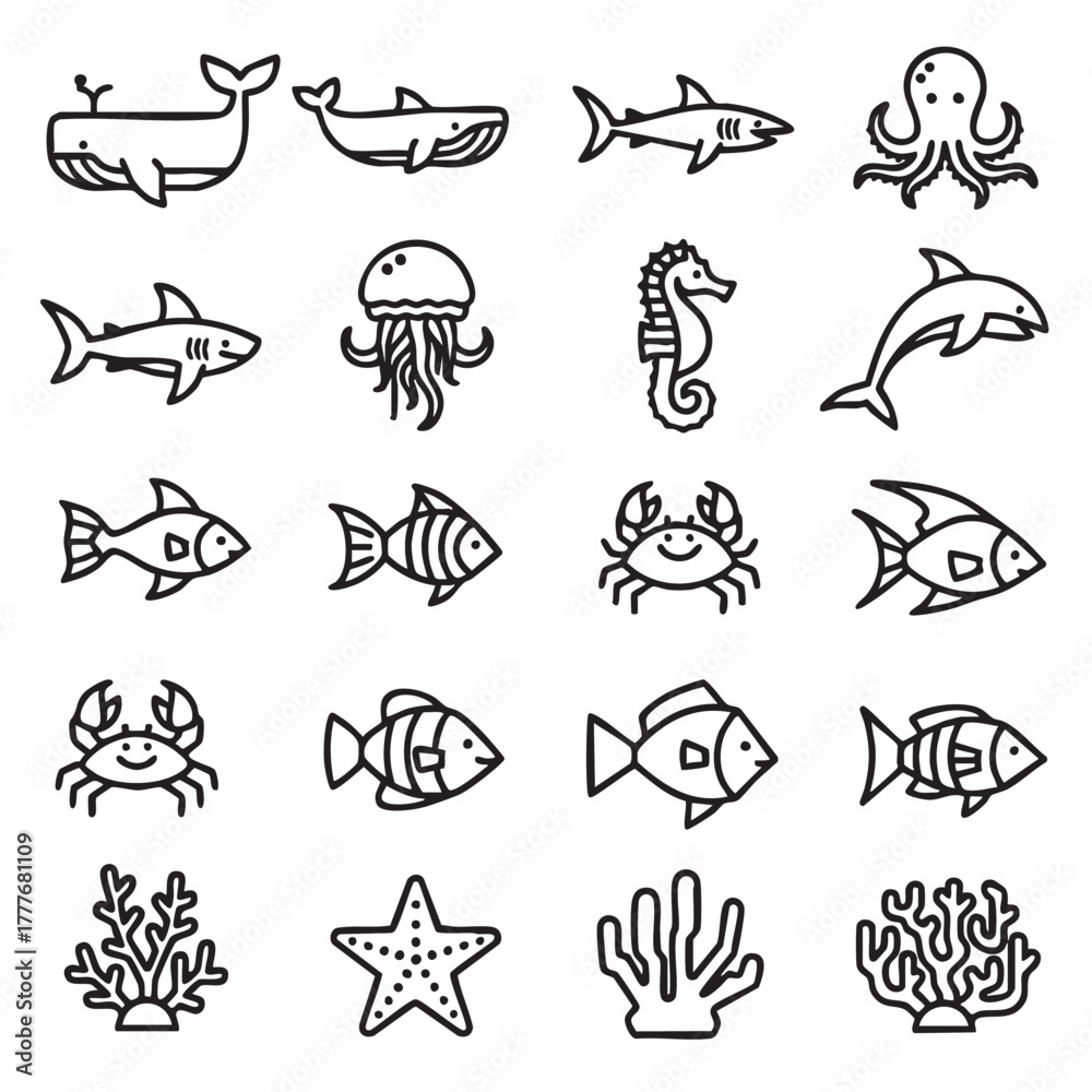 Fototapeta premium Various Sea Creatures Outline Icons Collection Marine Animals Vector Illustration