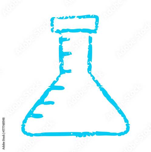 hand drawn crayon outline vector of a conical Erlenmeyer laboratory flask. Rough texture doodle science element perfect for chemistry, experiment icon, research, or education concept.