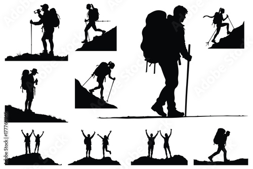 Silhouette hikers with backpacks and poles on mountains