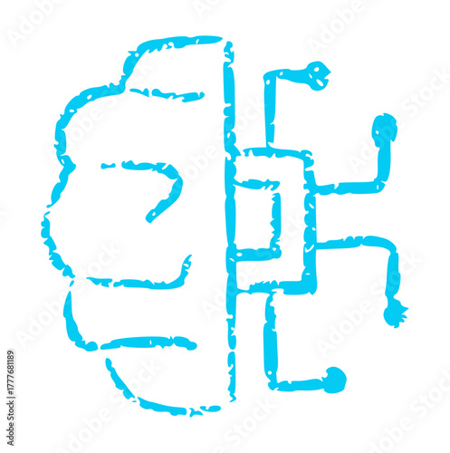 hand drawn crayon outline vector of a brain hemisphere with circuit board logic. Rough texture doodle AI element perfect for data, machine learning, technology, or creative thinking.