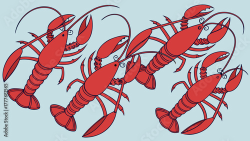 A vibrant pattern of red lobsters on a light blue background, creating a fun and nautical theme, perfect for summer designs