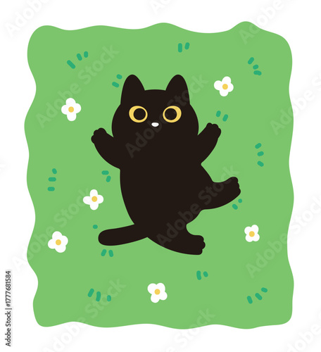 A cute vector illustration of a black cat lying on a green lawn with small white flowers. Perfect for pets, spring, summer, relaxation, nature, and animal adoption graphic themes.