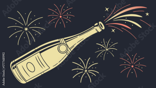 Festive celebration with champagne bottle popping amidst colorful fireworks, creating a joyful and celebratory atmosphere for special occasions and events