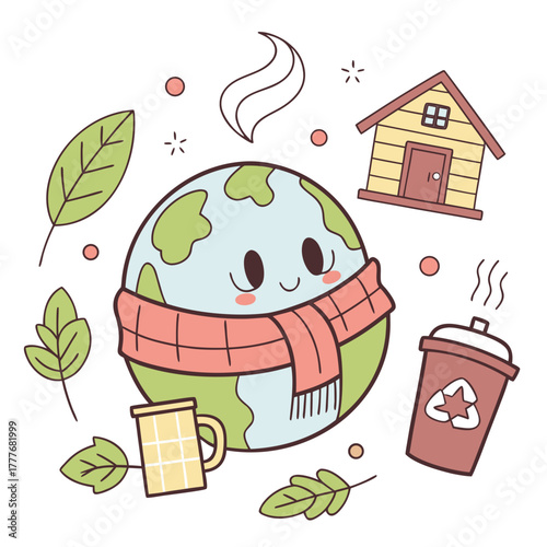 Cartoon earth wearing a scarf surrounded by ecofriendly elements