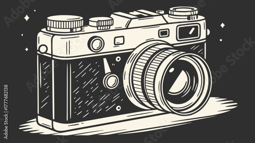 Vintage camera illustration with detailed lens and classic design, perfect for photography enthusiasts and retrothemed projects and creative designs