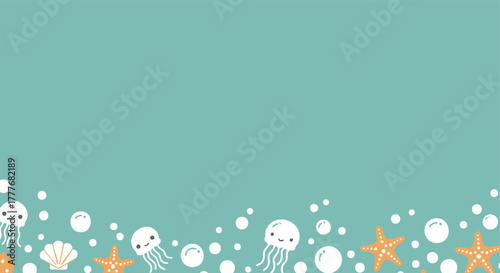 Charming cartoon marine life border with playful bubbles on a calm teal background perfect for delightful aquatic designs