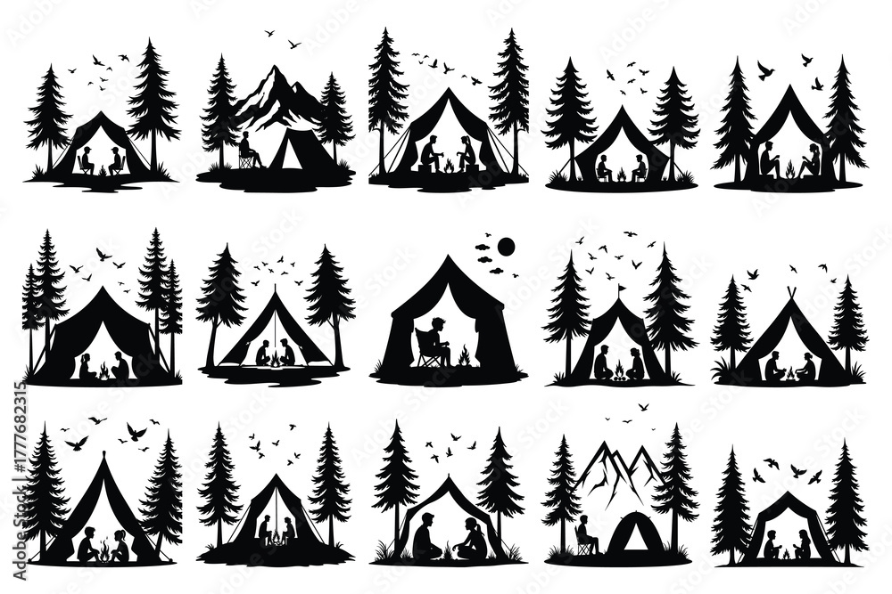 Obraz premium Camping scenes with people trees mountains and birds silhouettes