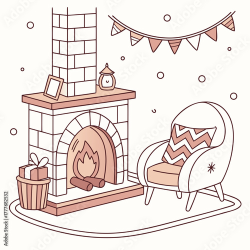 Cozy fireplace with armchair and gifts