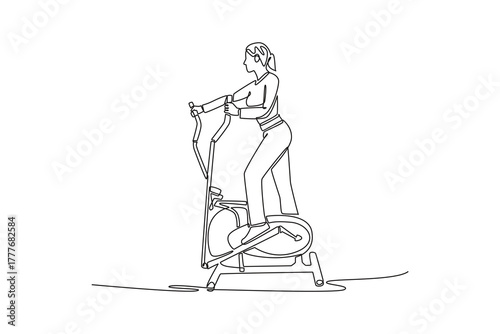 Continuous one line drawing attractive woman is intensely working out on an elliptical machine, illustrating cardio endurance and full-body fitness. Single line draw design vector graphic illustration