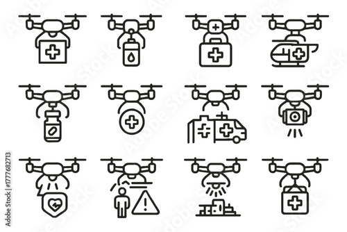 Red drone patient scanning icons vector medical icon ambulance flying near zone