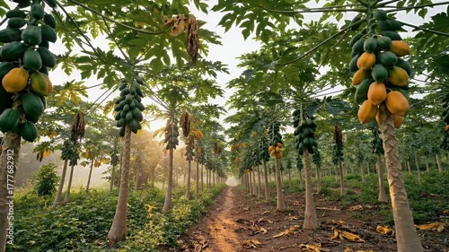 Papaya Plantation Rows of Fruit-Laden Trees in Tropical Orchard with Morning Light