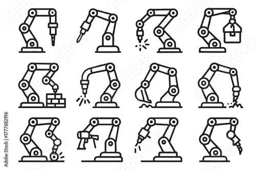 Bricklaying demolition concrete construction robot screwing icon crane arm tool vector