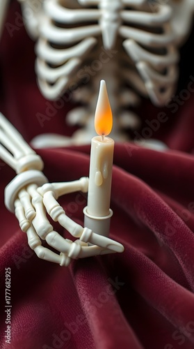 Skeletal Hand Holding Candle on Red Velvet Background – Gothic Halloween Concept