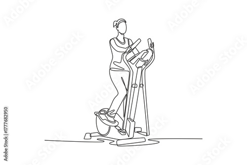 Continuous one line drawing woman is intensely working out on elliptical machine, maintaining upright stance, cardio endurance and fitness workout. Single line draw design vector graphic illustration