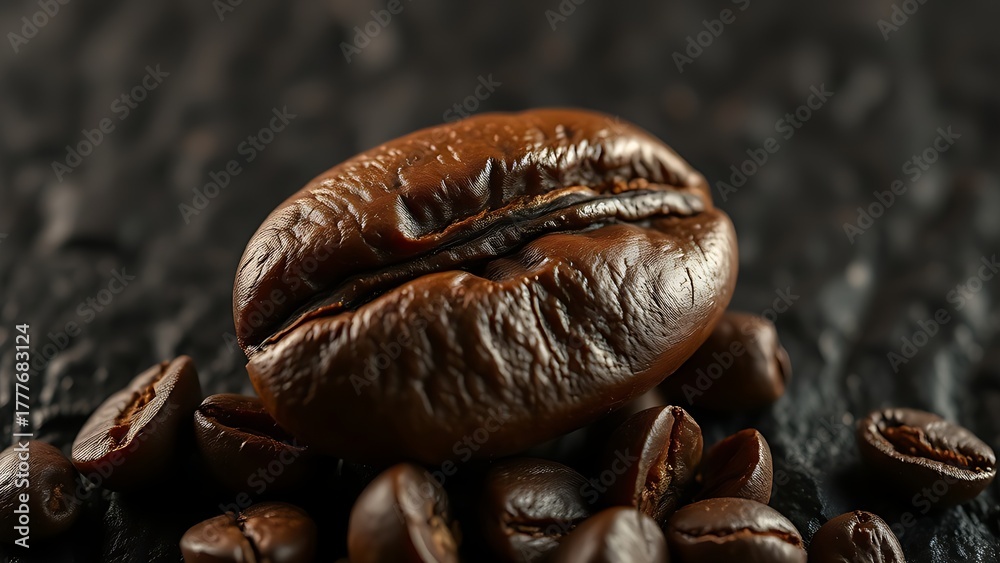 Fototapeta premium A macro shot of roasted coffee beans with textured details on a dark slate background.