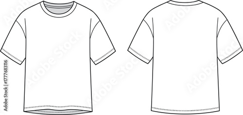 Basic short sleeve T-shirt sketch, fashion flat drawing, apparel technical illustration, front and back view, round neck, garment design