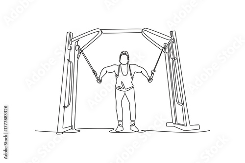 Single continuous line drawing attractive man is performing cable fly exercise on cable machine, focused chest strength and dynamic upper body workout. One line draw graphic design vector illustration
