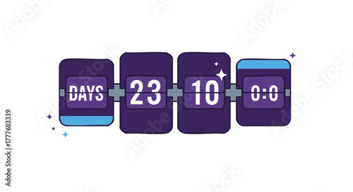 A modern flat design vector illustration of a digital flip countdown timer showing remaining days, hours, and minutes for an event or promotion