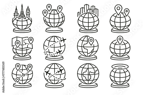 Icons paths globe flight glowing pointers vector travel data grid tourist icon