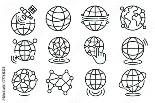 Lines globe global satellite icon icons continents nodes communication interactive interface vector