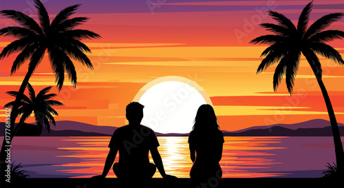 Sunset Serenity Couple's Silhouette Against a Tropical Beach Backdrop