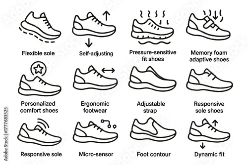 Ergonomic strap memory shoes fit icon shoe sole sneakers comfort vector smart