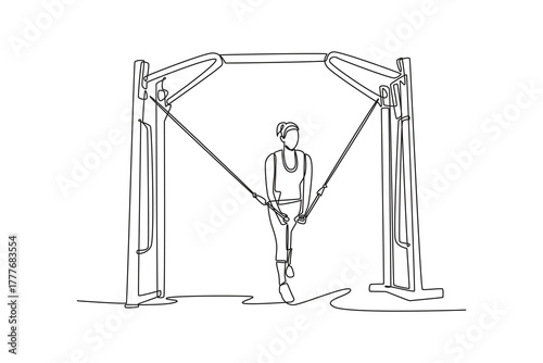 Single one line drawing woman is performing cable crossover exercise on cable machine, focused chest, arm strength, disciplined fitness workout. Continuous line draw design graphic vector illustration