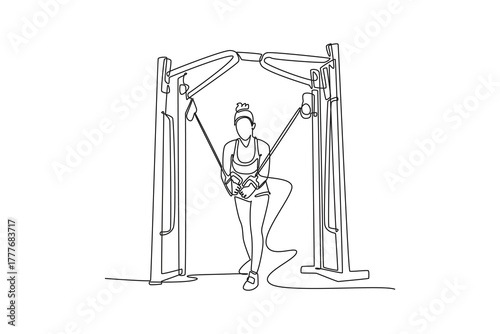 Single continuous line drawing woman is performing cable crossover exercise on cable machine, focused chest, arm strength, disciplined fitness workout. One line draw graphic design vector illustration