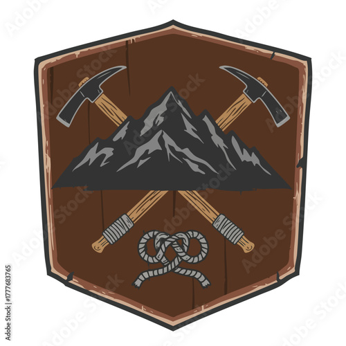 Rustic outdoor exploration emblem featuring rugged mountain peaks, crossed ice axes, and a secure climbing rope knot on a textured wooden shield
