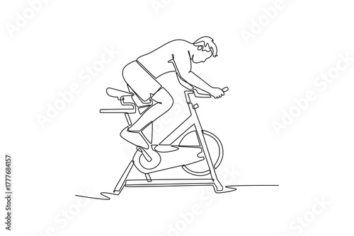 Single one line drawing young man is leaning heavily into an intense cycling workout on stationary bike, cardio endurance and focused training. Continuous line draw design graphic vector illustration